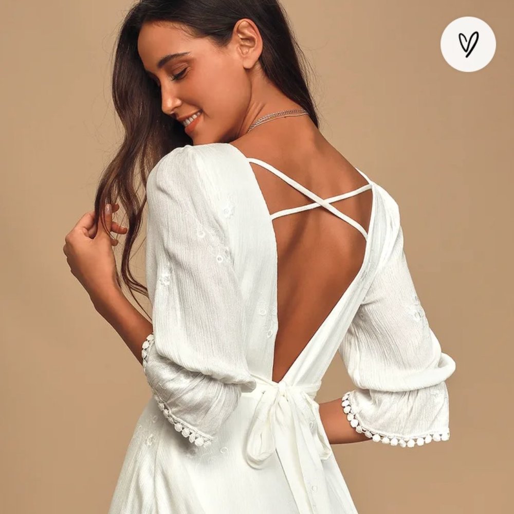 Lulus, In the Meadow White Embroidered Backless Mini Dress, Size Small